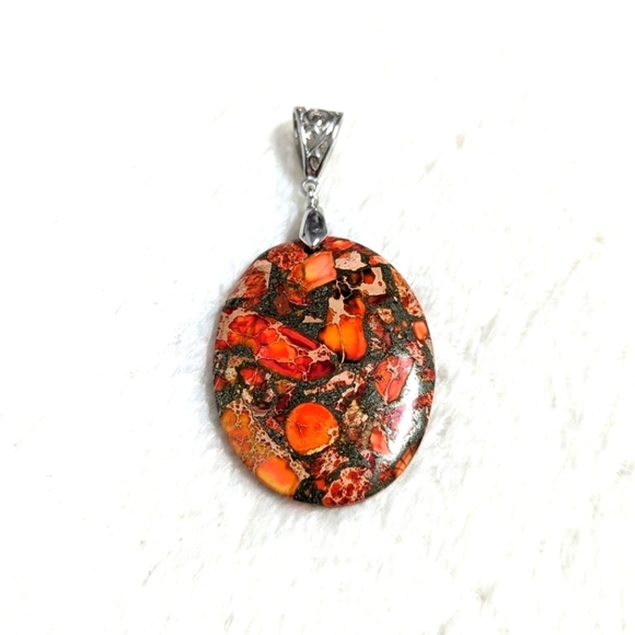 Lovely Large Oval Painted Jasper Necklace/Pendant on Black Adustable Cord - Picture 3 of 10